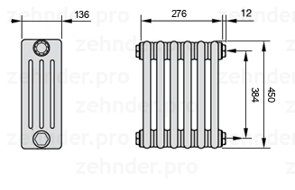 Схема (чертеж) Радиатор Zehnder Charleston 4045/6 №7610 Белый глянцевый RAL 9016